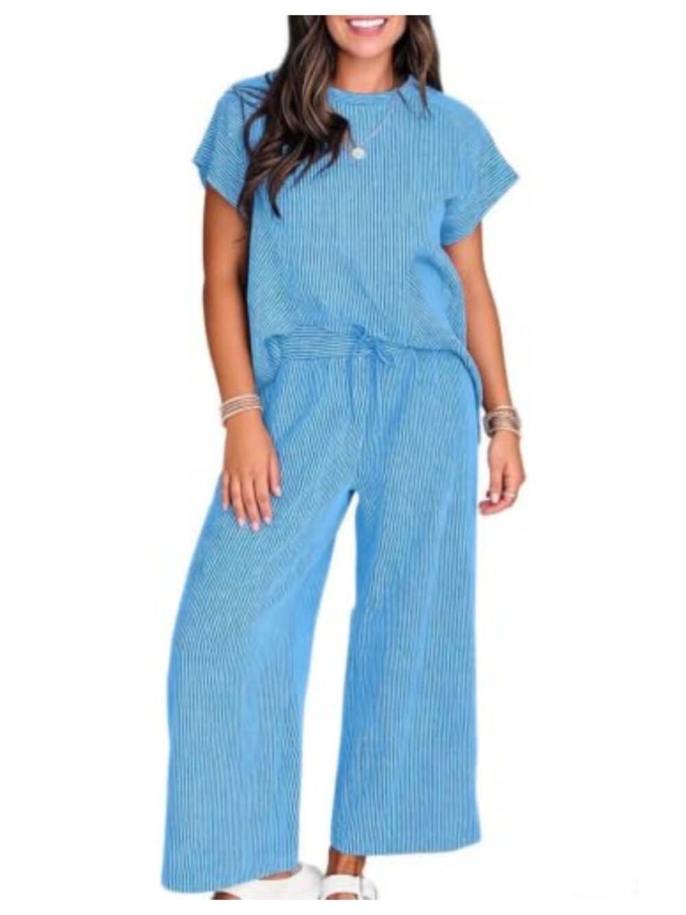 Women's Ribbed Knit Lounge Set - Short Sleeve Top & Wide Leg Pants 2 Piece